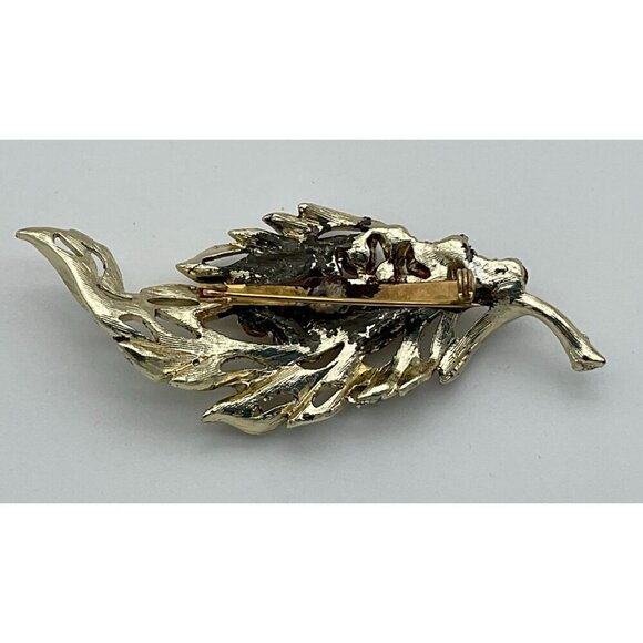 Vintage Autumn Leaf 3 in Brooch Amber & Brown Rhinestones Elegant Fall Fashion - Picture 3 of 4